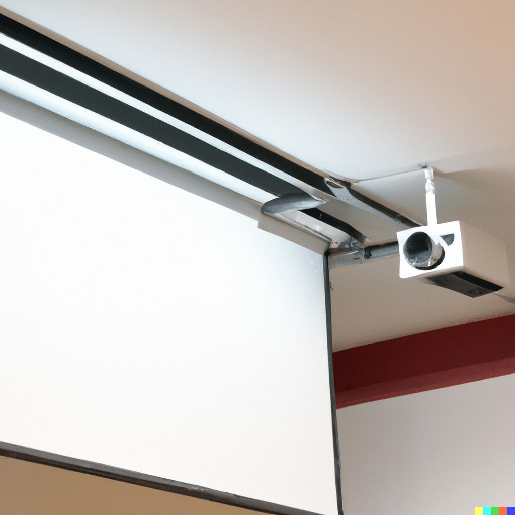 projector screen hanging from a ceiling, in a office room
